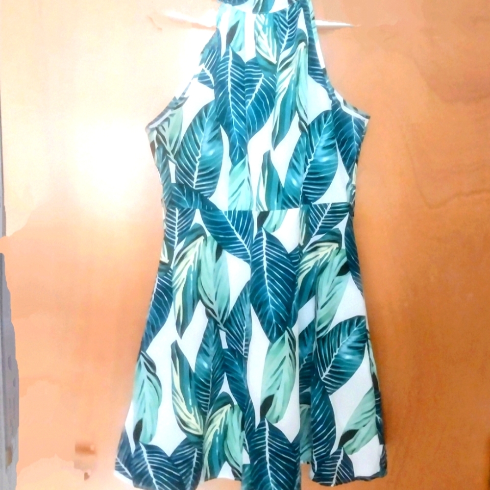Tropical Leaf Print Halter Dress